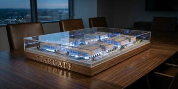 Un modelo arquitectónico a escala detallado e iluminado del complejo de edificios "STARGATE" se encuentra bajo una cubierta de acrílico transparente sobre una gran mesa de conferencias de madera. Las letras metálicas "STARGATE" son visibles en la base del modelo. De fondo, se ve una vista de la ciudad al atardecer a través de una ventana.