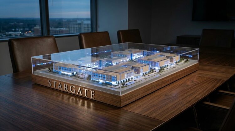 Un modelo arquitectónico a escala detallado e iluminado del complejo de edificios "STARGATE" se encuentra bajo una cubierta de acrílico transparente sobre una gran mesa de conferencias de madera. Las letras metálicas "STARGATE" son visibles en la base del modelo. De fondo, se ve una vista de la ciudad al atardecer a través de una ventana.