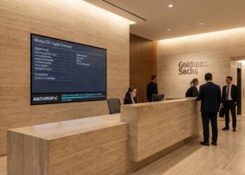 Fotografía del vestíbulo moderno y lujoso de Goldman Sachs. Un gran mostrador de recepción de mármol travertino domina el primer plano, detrás del cual una recepcionista atiende a un hombre de negocios. En la pared de mármol de la izquierda, una gran pantalla LED mate muestra un directorio digital y un cintillo en la parte inferior que anuncia "ANTHROPIC System Integration: Accounting Automation Active". El logotipo de "Goldman Sachs" en letras metálicas está montado en la pared del fondo a la derecha, cerca de los ascensores, con varias personas caminando por el vestíbulo.