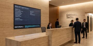 Fotografía del vestíbulo moderno y lujoso de Goldman Sachs. Un gran mostrador de recepción de mármol travertino domina el primer plano, detrás del cual una recepcionista atiende a un hombre de negocios. En la pared de mármol de la izquierda, una gran pantalla LED mate muestra un directorio digital y un cintillo en la parte inferior que anuncia "ANTHROPIC System Integration: Accounting Automation Active". El logotipo de "Goldman Sachs" en letras metálicas está montado en la pared del fondo a la derecha, cerca de los ascensores, con varias personas caminando por el vestíbulo.