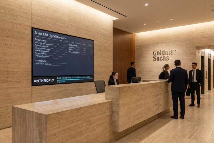 Fotografía del vestíbulo moderno y lujoso de Goldman Sachs. Un gran mostrador de recepción de mármol travertino domina el primer plano, detrás del cual una recepcionista atiende a un hombre de negocios. En la pared de mármol de la izquierda, una gran pantalla LED mate muestra un directorio digital y un cintillo en la parte inferior que anuncia "ANTHROPIC System Integration: Accounting Automation Active". El logotipo de "Goldman Sachs" en letras metálicas está montado en la pared del fondo a la derecha, cerca de los ascensores, con varias personas caminando por el vestíbulo.