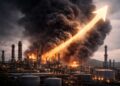 Refinería con humo y flecha ascendente sobre cielo oscuro conflicto.