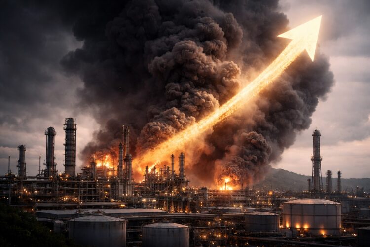 Refinería con humo y flecha ascendente sobre cielo oscuro conflicto.