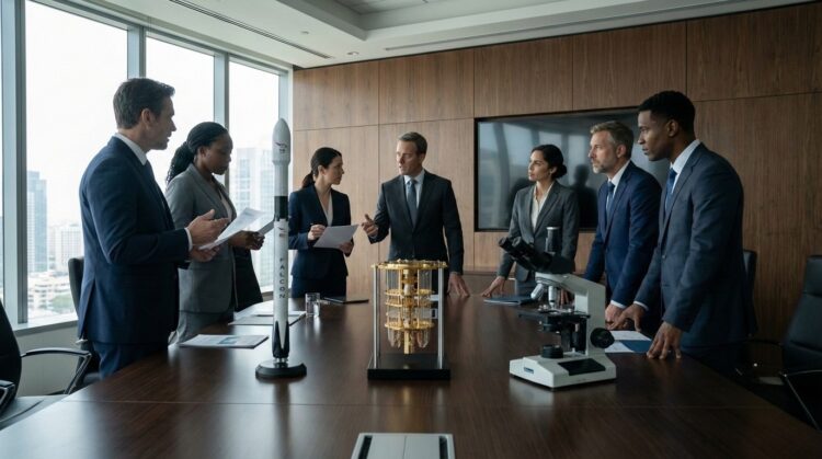 Una fotografía de estilo cinematográfico de una sala de juntas moderna y luminosa con vistas a la ciudad. Siete profesionales diversos en trajes de negocios están de pie alrededor de una larga mesa de madera, participando en una discusión seria mientras revisan documentos. Sobre la mesa se exhiben tres modelos a escala detallados: un cohete Falcon 9, un complejo aparato de computación cuántica dorado y un microscopio de laboratorio avanzado.