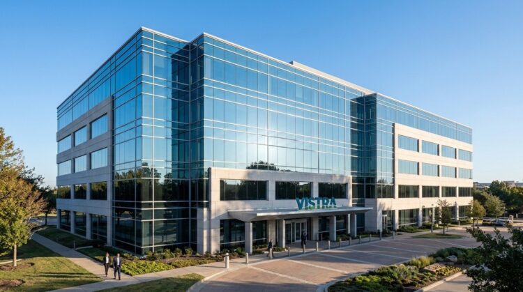 Una fotografía arquitectónica panorámica y profesional de la sede corporativa de Vistra Corp en Irving, Texas, en una mañana despejada. El edificio moderno de varios pisos combina una fachada de vidrio reflectante que muestra un cielo azul claro con detalles de piedra clara. El logotipo "VISTRA" está montado de forma elegante sobre la marquesina de la entrada principal. En primer plano, dos profesionales de negocios caminan por una plaza pavimentada rodeada de jardines bien cuidados y árboles frondosos. La luz del sol brillante ilumina la escena.