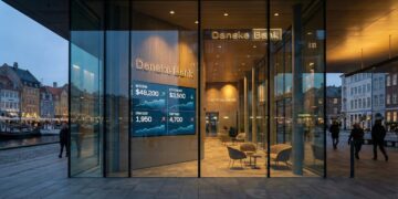 Vista exterior al atardecer de la moderna fachada de vidrio de la sede de Danske Bank. A través de los grandes ventanales, se ve el vestíbulo iluminado con varios letreros luminosos que dicen "Danske Bank". Una gran pantalla digital en el interior muestra gráficos y precios en tiempo real para Bitcoin ($48,200), Ethereum ($3,500), OMXC20 (1,950) y S&P 500 (4,700). Gente camina por la acera pavimentada frente al edificio, situado junto a un canal con edificios históricos europeos en el fondo.