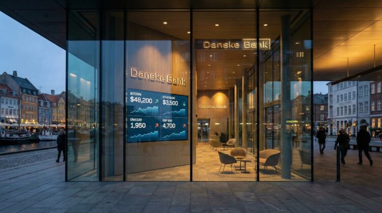 Vista exterior al atardecer de la moderna fachada de vidrio de la sede de Danske Bank. A través de los grandes ventanales, se ve el vestíbulo iluminado con varios letreros luminosos que dicen "Danske Bank". Una gran pantalla digital en el interior muestra gráficos y precios en tiempo real para Bitcoin ($48,200), Ethereum ($3,500), OMXC20 (1,950) y S&P 500 (4,700). Gente camina por la acera pavimentada frente al edificio, situado junto a un canal con edificios históricos europeos en el fondo.