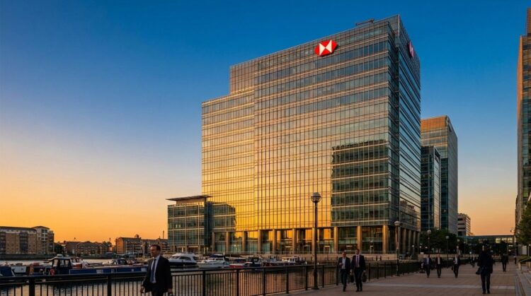 Fotografía exterior del rascacielos de la sede de HSBC (8 Canada Square) en los Docklands de Londres durante la puesta de sol. La fachada de vidrio del edificio refleja intensamente la luz cálida y dorada del sol. Profesionales con vestimenta de negocios caminan por el muelle en el primer plano, junto al agua y barcos atracados.