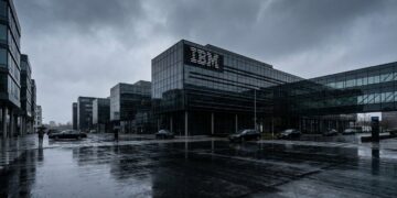 Fotografía arquitectónica panorámica del exterior de la sede corporativa de IBM en un día lluvioso. Un imponente edificio de cristal ahumado y acero muestra el clásico logotipo de IBM en su fachada superior derecha. El cielo gris plomo y el pavimento mojado, que refleja la estructura, crean una atmósfera fría, dramática y corporativa. Estilo editorial financiero.
