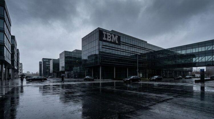 Fotografía arquitectónica panorámica del exterior de la sede corporativa de IBM en un día lluvioso. Un imponente edificio de cristal ahumado y acero muestra el clásico logotipo de IBM en su fachada superior derecha. El cielo gris plomo y el pavimento mojado, que refleja la estructura, crean una atmósfera fría, dramática y corporativa. Estilo editorial financiero.