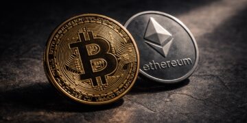 Bitcoin y Ethereum bajo presión con señal visual de posible repunte.