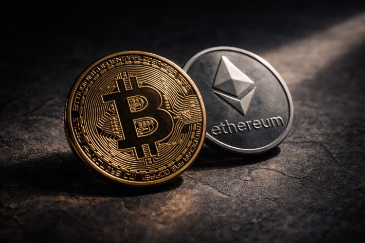 Bitcoin y Ethereum bajo presión con señal visual de posible repunte.