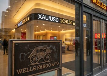 Vista a nivel de calle de la entrada de una sucursal bancaria de Wells Fargo. En primer plano, destaca una placa de bronce con el logotipo de la diligencia y el texto "WELLS FARGO & CO.". A través de los grandes ventanales de vidrio, se observa el interior iluminado con una luz dorada cálida, donde una pantalla digital curva muestra el ticker financiero "XAU/USD 2026.50" junto a una flecha ascendente. Reflejos de edificios urbanos y transeúntes son visibles en la superficie del vidrio.