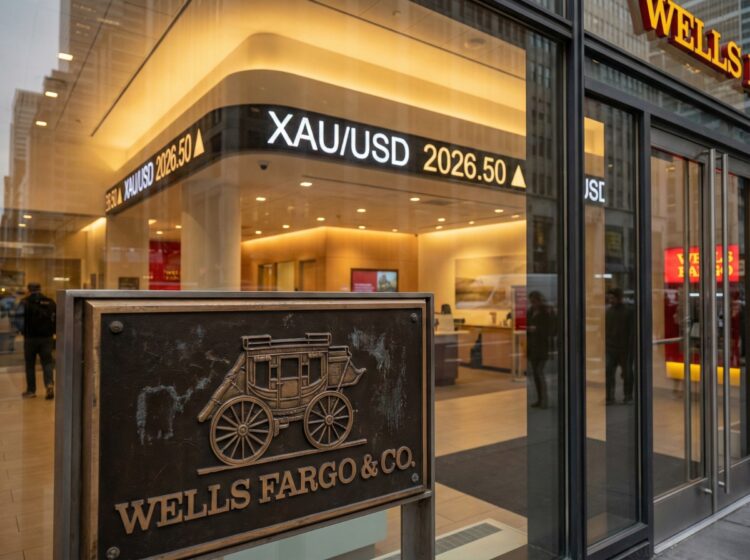 Vista a nivel de calle de la entrada de una sucursal bancaria de Wells Fargo. En primer plano, destaca una placa de bronce con el logotipo de la diligencia y el texto "WELLS FARGO & CO.". A través de los grandes ventanales de vidrio, se observa el interior iluminado con una luz dorada cálida, donde una pantalla digital curva muestra el ticker financiero "XAU/USD 2026.50" junto a una flecha ascendente. Reflejos de edificios urbanos y transeúntes son visibles en la superficie del vidrio.