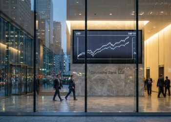Fotografía exterior del moderno vestíbulo de vidrio de Deutsche Bank al atardecer en una ciudad. En el interior, varias personas de negocios caminan mientras una gran pantalla digital sobre una pared de mármol muestra un gráfico lineal con las tendencias de "USD" y "S&P 500". El logotipo de Deutsche Bank es visible en la pared. Los edificios de la ciudad se reflejan en la fachada de vidrio.