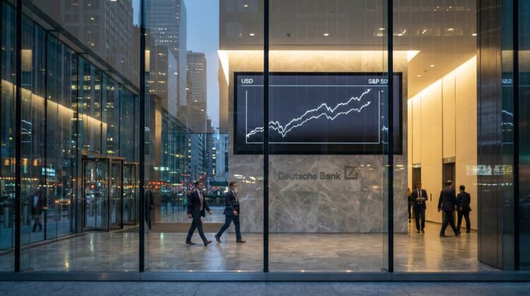 Fotografía exterior del moderno vestíbulo de vidrio de Deutsche Bank al atardecer en una ciudad. En el interior, varias personas de negocios caminan mientras una gran pantalla digital sobre una pared de mármol muestra un gráfico lineal con las tendencias de "USD" y "S&P 500". El logotipo de Deutsche Bank es visible en la pared. Los edificios de la ciudad se reflejan en la fachada de vidrio.