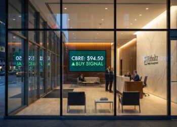 Vista exterior nocturna del vestíbulo acristalado de Ritholtz Wealth Management, mostrando el logotipo de la firma y una pantalla digital central con el texto "CBRE Equity: Positive Outlook".