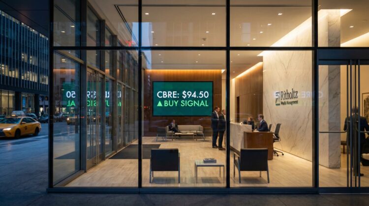 Vista exterior nocturna del vestíbulo acristalado de Ritholtz Wealth Management, mostrando el logotipo de la firma y una pantalla digital central con el texto "CBRE Equity: Positive Outlook".