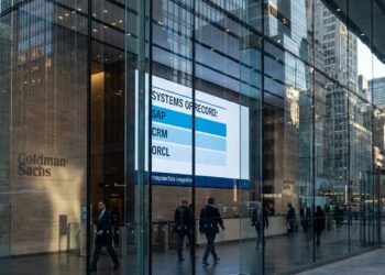 Vista exterior de la fachada de cristal de la sede de Goldman Sachs, que refleja los rascacielos circundantes. En el interior, se ve el logotipo de la empresa en una pared de piedra y una gran pantalla digital que muestra una lista con el texto "SYSTEMS OF RECORD: SAP, CRM, ORCL". Varias personas vestidas con trajes de negocios caminan por el vestíbulo y cruzan los controles de seguridad.