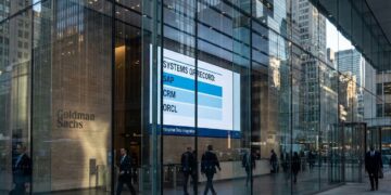 Vista exterior de la fachada de cristal de la sede de Goldman Sachs, que refleja los rascacielos circundantes. En el interior, se ve el logotipo de la empresa en una pared de piedra y una gran pantalla digital que muestra una lista con el texto "SYSTEMS OF RECORD: SAP, CRM, ORCL". Varias personas vestidas con trajes de negocios caminan por el vestíbulo y cruzan los controles de seguridad.