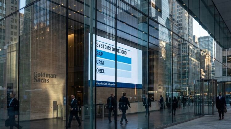 Vista exterior de la fachada de cristal de la sede de Goldman Sachs, que refleja los rascacielos circundantes. En el interior, se ve el logotipo de la empresa en una pared de piedra y una gran pantalla digital que muestra una lista con el texto "SYSTEMS OF RECORD: SAP, CRM, ORCL". Varias personas vestidas con trajes de negocios caminan por el vestíbulo y cruzan los controles de seguridad.