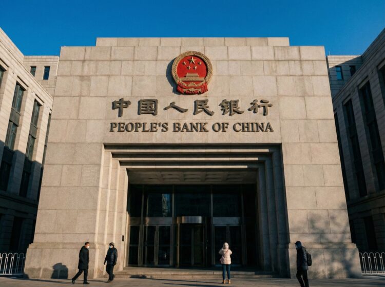 Fotografía exterior de la entrada principal de la sede del Banco Popular de China en Pekín. La fachada de piedra gris muestra el emblema nacional de China en rojo y dorado, y debajo el nombre "PEOPLE'S BANK OF CHINA" y "中国人民银行" en letras grandes. Varias personas con abrigos caminan frente al edificio bajo un cielo azul despejado.