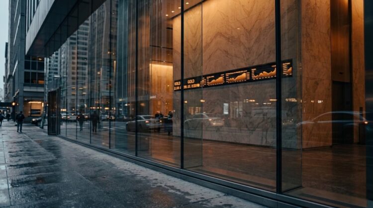 Vista desde el interior de un vestíbulo de oficina financiero moderno con paredes de mármol, mirando hacia una calle urbana mojada a través de grandes ventanas de cristal. Una pantalla LED montada en la pared muestra un gráfico de la cotización del "ORO" con una línea ascendente en tiempo real. Peatones borrosos y coches pasan por la acera y la calle bajo un cielo gris de la tarde, con rascacielos al fondo. La luz cálida del interior contrasta con el exterior húmedo.