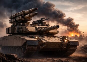 Tanque moderno con humo denso en horizonte bélico.