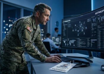 Fotografía de perfil medio de un analista militar de EE. UU., Mark Thompson, en uniforme OCP, de pie y operando el software 'AI COMMAND' de Anthropic en un monitor curvo. Está en un centro de operaciones nocturnas con iluminación azul. La pantalla muestra un gráfico de red y mapas mundiales. Una tarjeta de identificación de acrílico en primer plano confirma su nombre y cargo. Grandes ventanales de fondo revelan un horizonte urbano iluminado.