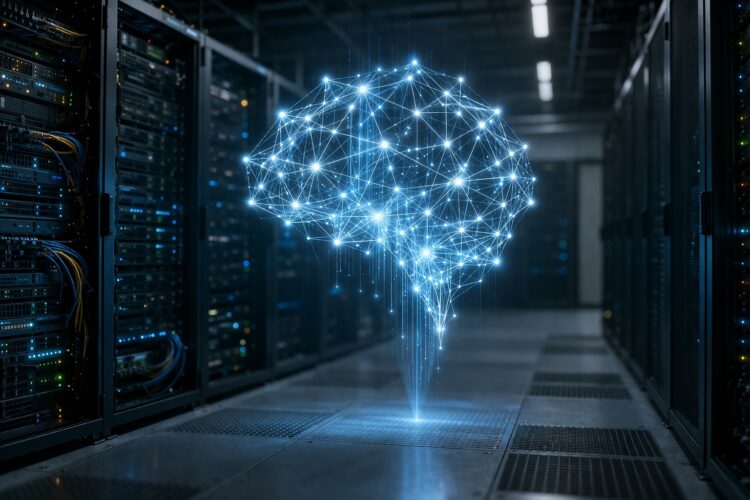 Holograma de IA en sala de servidores con red neuronal.