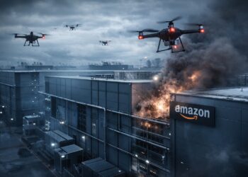 Drones atacan centro de datos de Amazon bajo cielo gris.