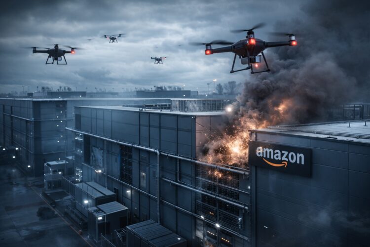 Drones atacan centro de datos de Amazon bajo cielo gris.