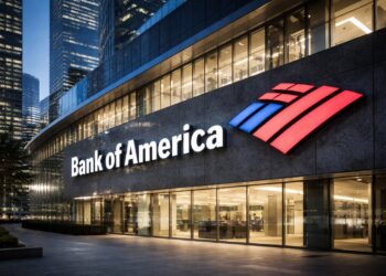 Edificio de Bank of America con logo en entorno tecnológico moderno.