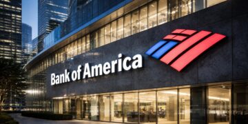 Edificio de Bank of America con logo en entorno tecnológico moderno.