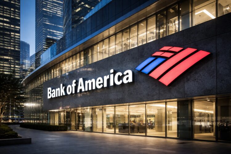 Edificio de Bank of America con logo en entorno tecnológico moderno.