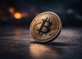 Bitcoin inclinado en superficie oscura con luz tenue.