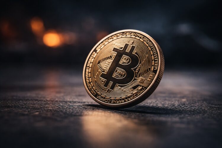Bitcoin inclinado en superficie oscura con luz tenue.