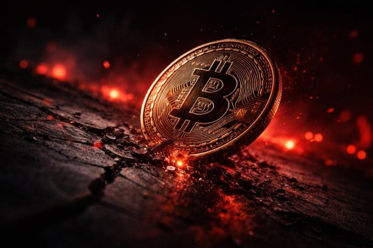 Bitcoin cayendo sobre superficie agrietada con luces rojas intensas.