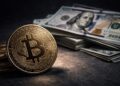 Moneda de Bitcoin inclinada frente a dólares firmes en contraste financiero.