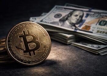 Moneda de Bitcoin inclinada frente a dólares firmes en contraste financiero.