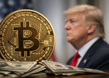 Bitcoin en primer plano con Donald Trump desenfocado al fondo.