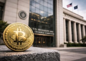 Moneda de Bitcoin frente al edificio de la SEC en EE.UU.