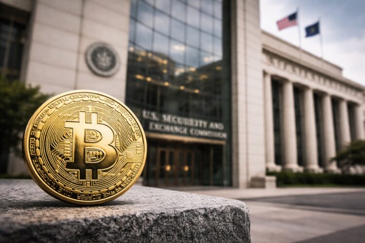 Moneda de Bitcoin frente al edificio de la SEC en EE.UU.