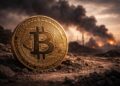 Bitcoin en primer plano con humo de conflicto al fondo.