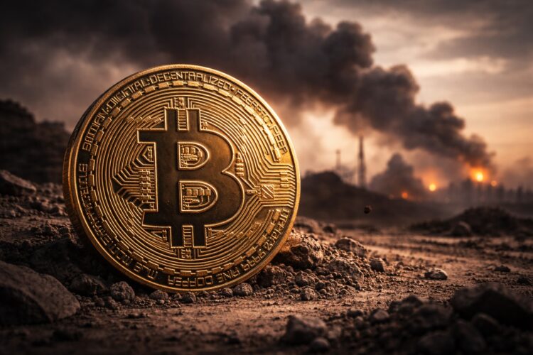 Bitcoin en primer plano con humo de conflicto al fondo.
