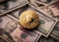Bitcoin sobre billetes de dólar ante presión por inflación.