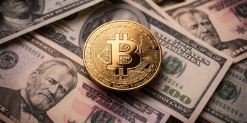 Bitcoin sobre billetes de dólar ante presión por inflación.