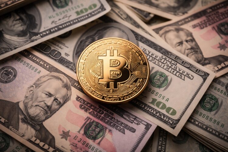 Bitcoin sobre billetes de dólar ante presión por inflación.