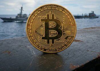 Bitcoin en primer plano con buques militares desenfocados.