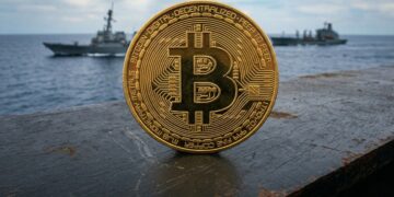 Bitcoin en primer plano con buques militares desenfocados.